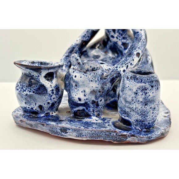 Vintage Clay‎ Art Pottery Figure Sitting w/Pots Primitive Blue Speckled Glazed - Picture 11 of 16